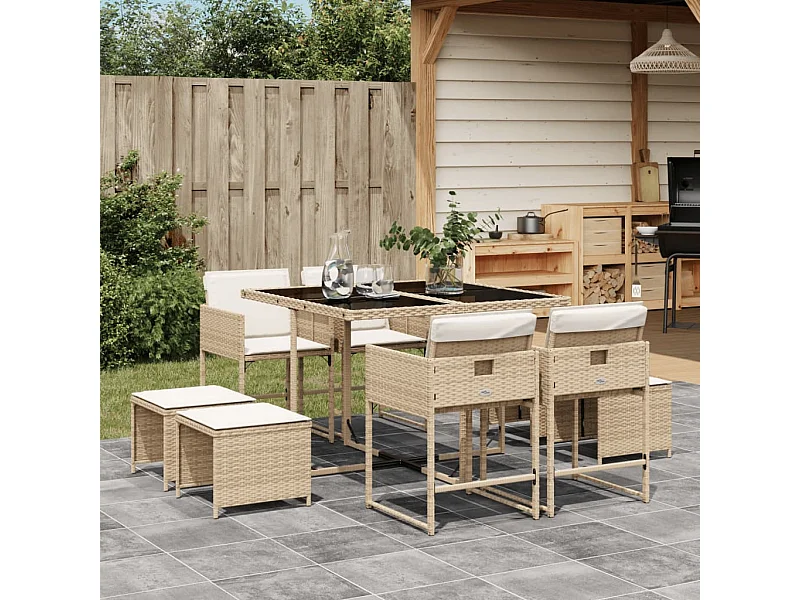 9-delige Tuinset met kussens poly rattan beige