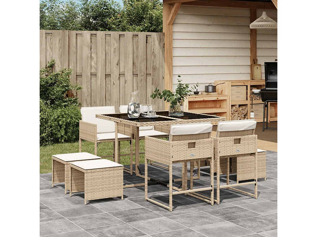 Ensemble à manger de jardin et coussins 9 pièces beige Poly rotin