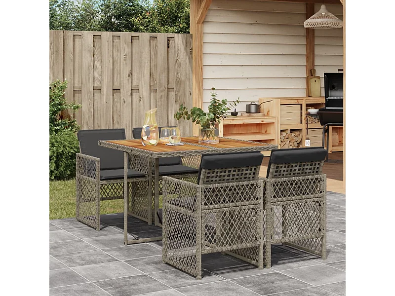 Set comedor de jardín 5 piezas con cojines ratán sintético gris