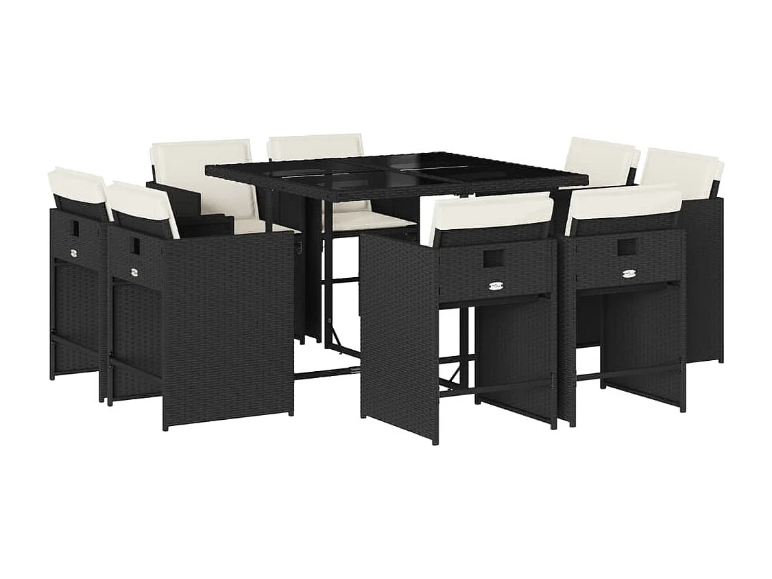 Set de comedor de jardín 9 piezas y cojines ratán sintético negro