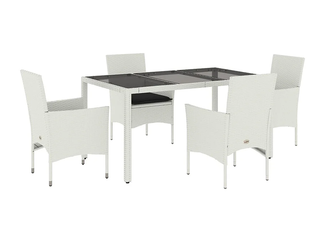 Ensemble à manger de jardin et coussins 5 pièces blanc rotin verre