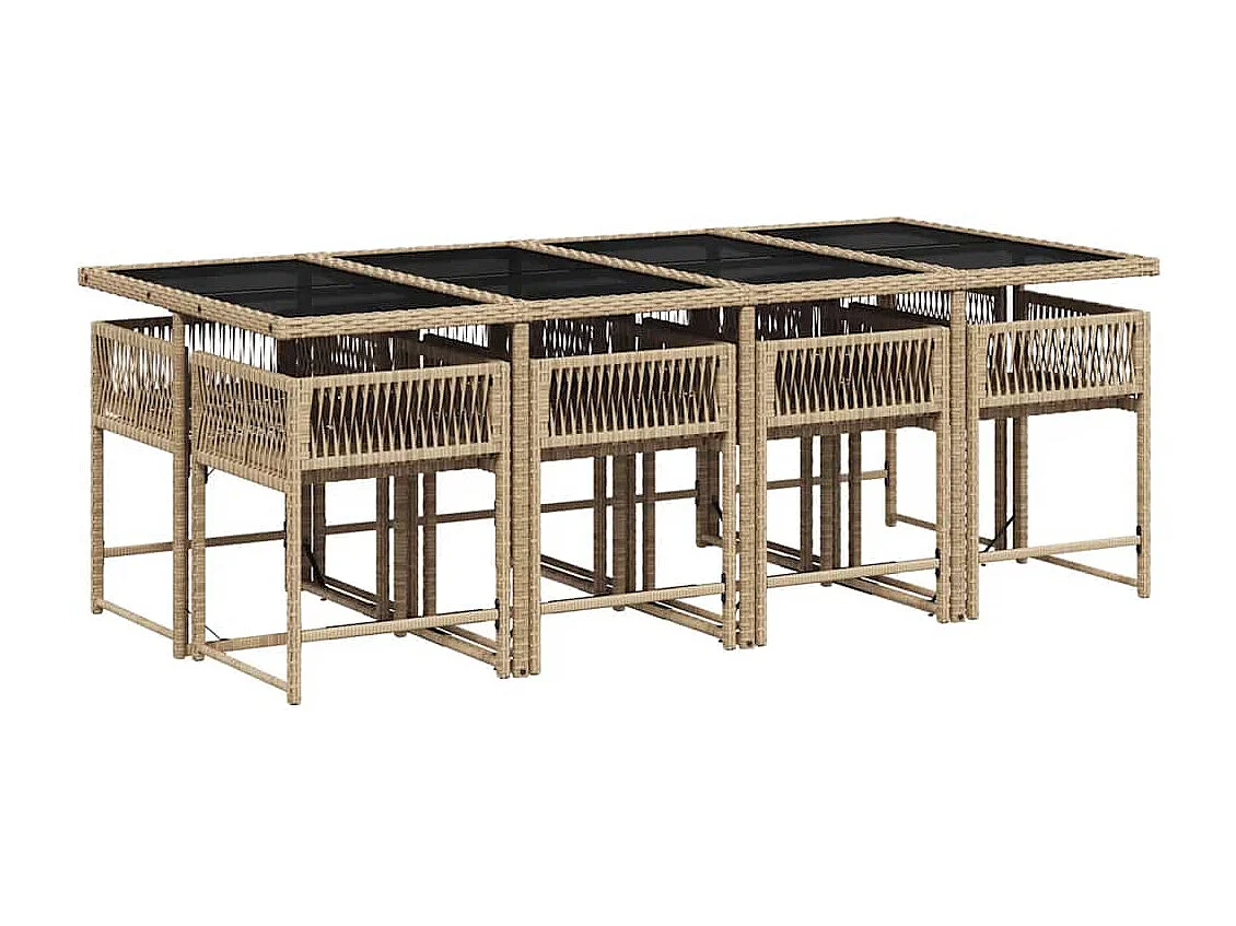 Ensemble à manger de jardin et coussins 9 pièces beige Poly rotin