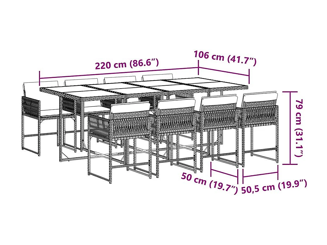 Ensemble à manger de jardin et coussins 9 pièces beige Poly rotin