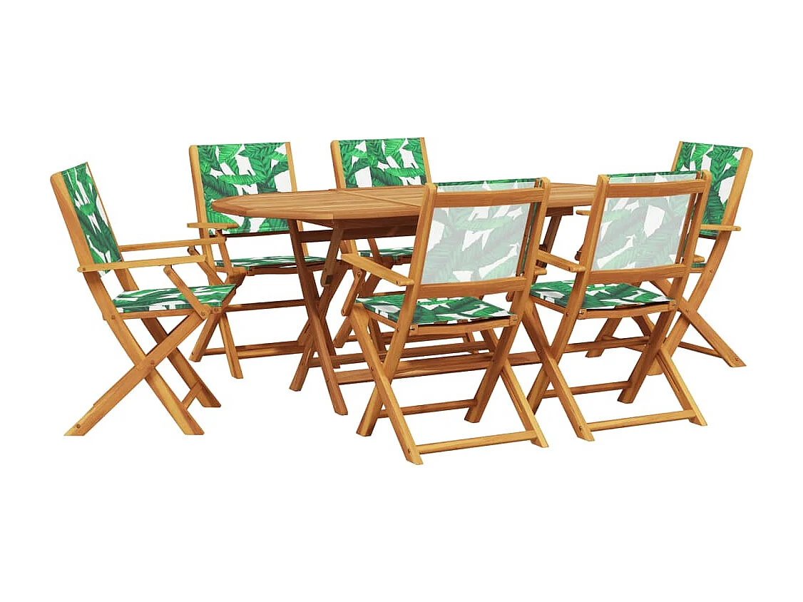 Ensemble à manger de jardin 7 pièces motif de feuilles tissu bois