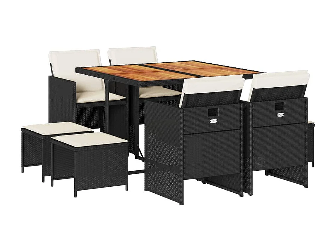 Set de comedor de jardín 9 piezas y cojines ratán sintético negro