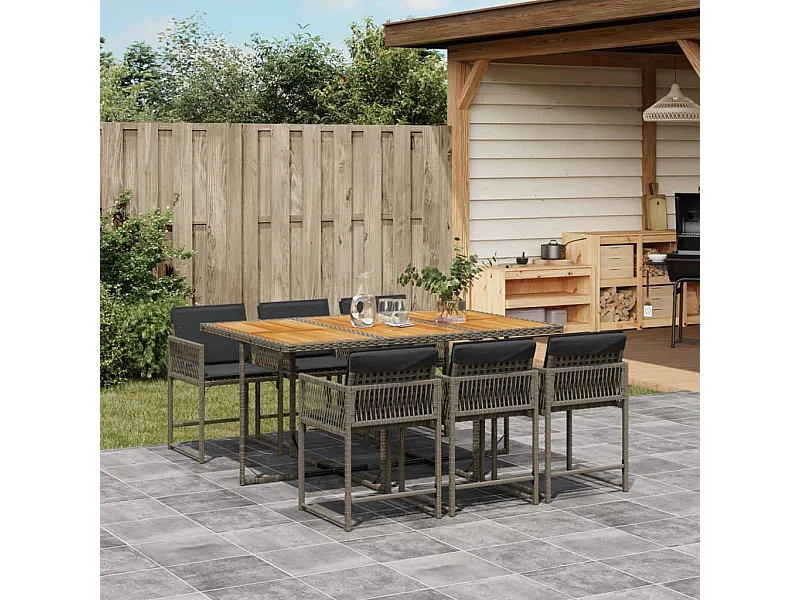 Ensemble à manger de jardin et coussins 7 pièces gris rotin