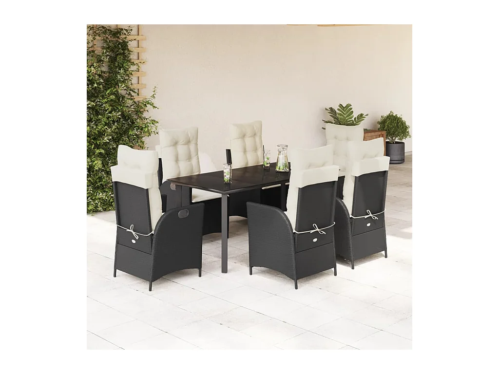 Set de comedor de jardín 7 piezas y cojines ratán sintético negro