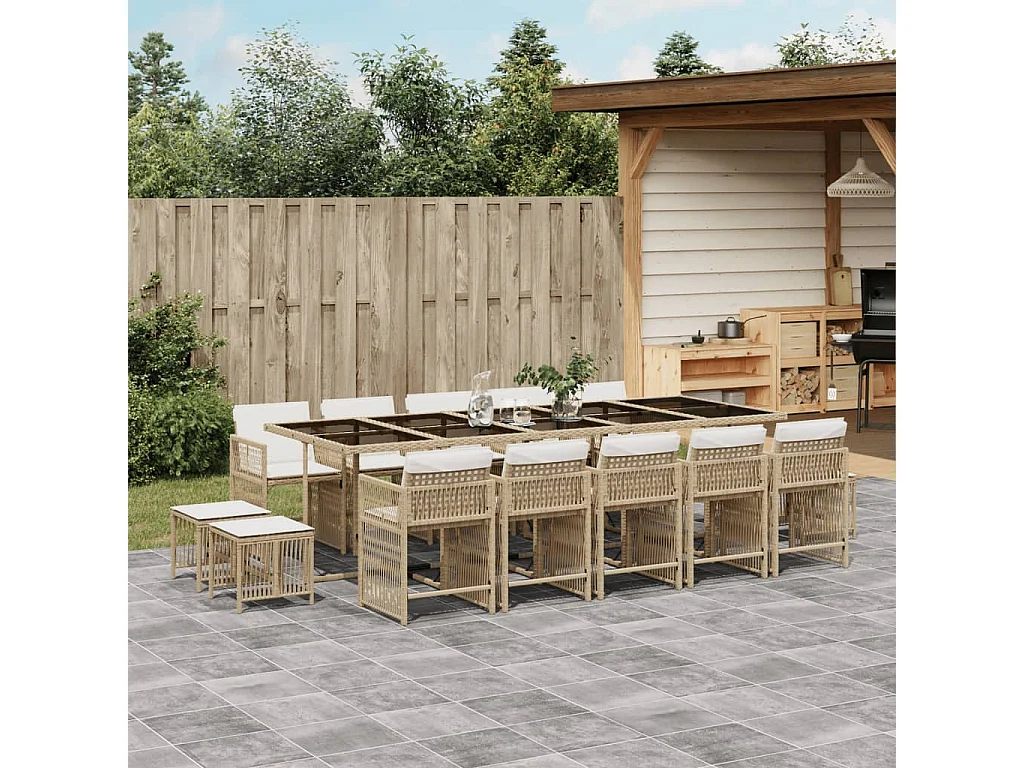 Ensemble à manger de jardin et coussins 15 pièces beige