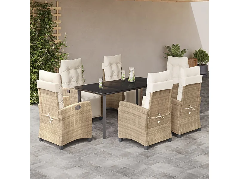Ensemble à manger de jardin et coussins 7 pièces beige poly rotin