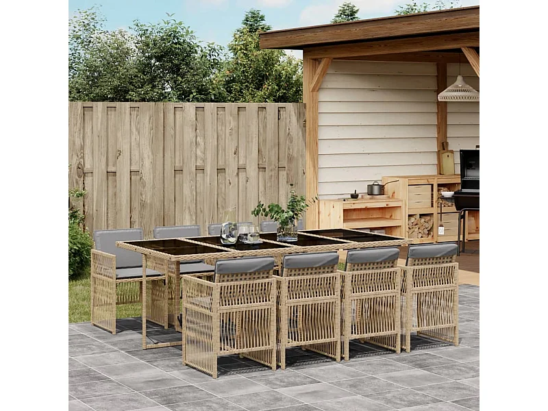 Ensemble à manger de jardin et coussins 9 pièces mélange beige