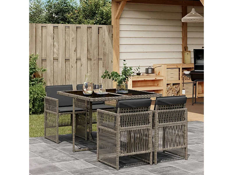 Set comedor de jardín 5 piezas con cojines ratán sintético gris