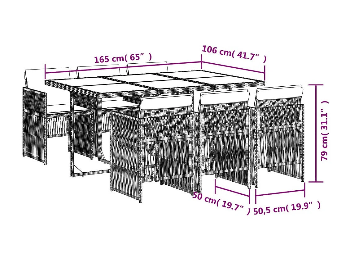 Set comedor de jardín 7 piezas con cojines ratán sintético marrón