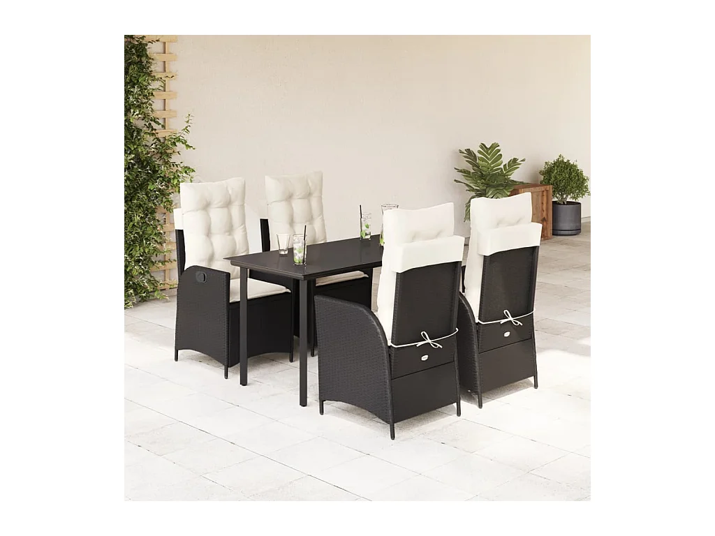5 peças conjunto de jantar para jardim com almofadões vime PE preto