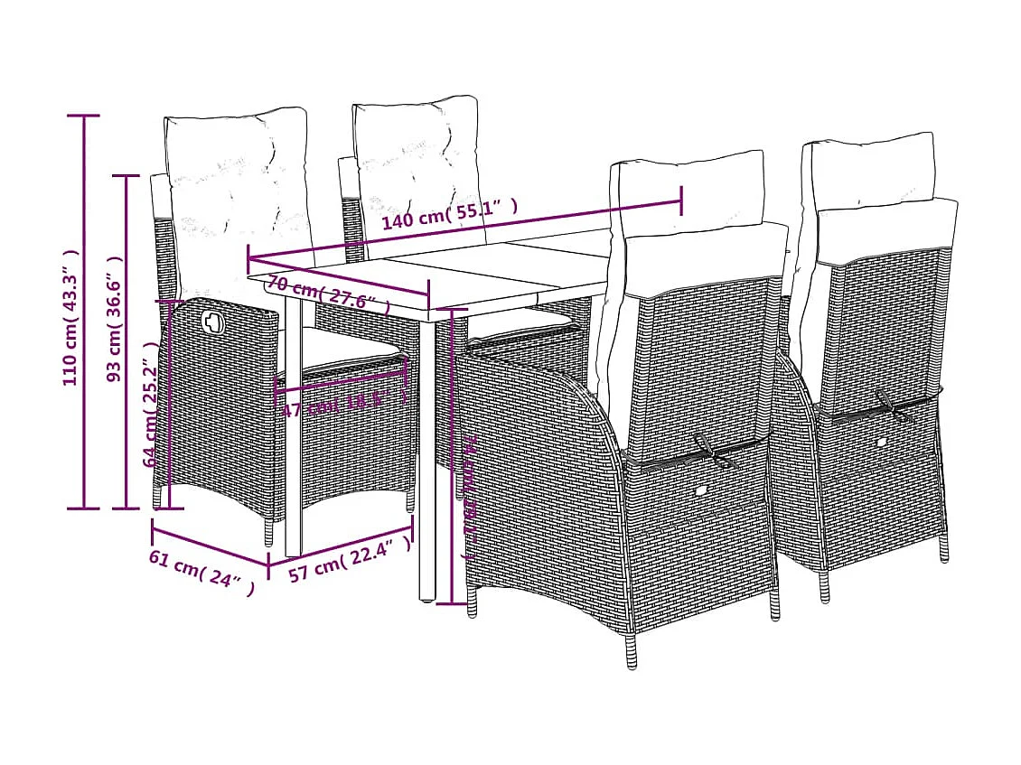 5 peças conjunto de jantar para jardim com almofadões vime PE preto