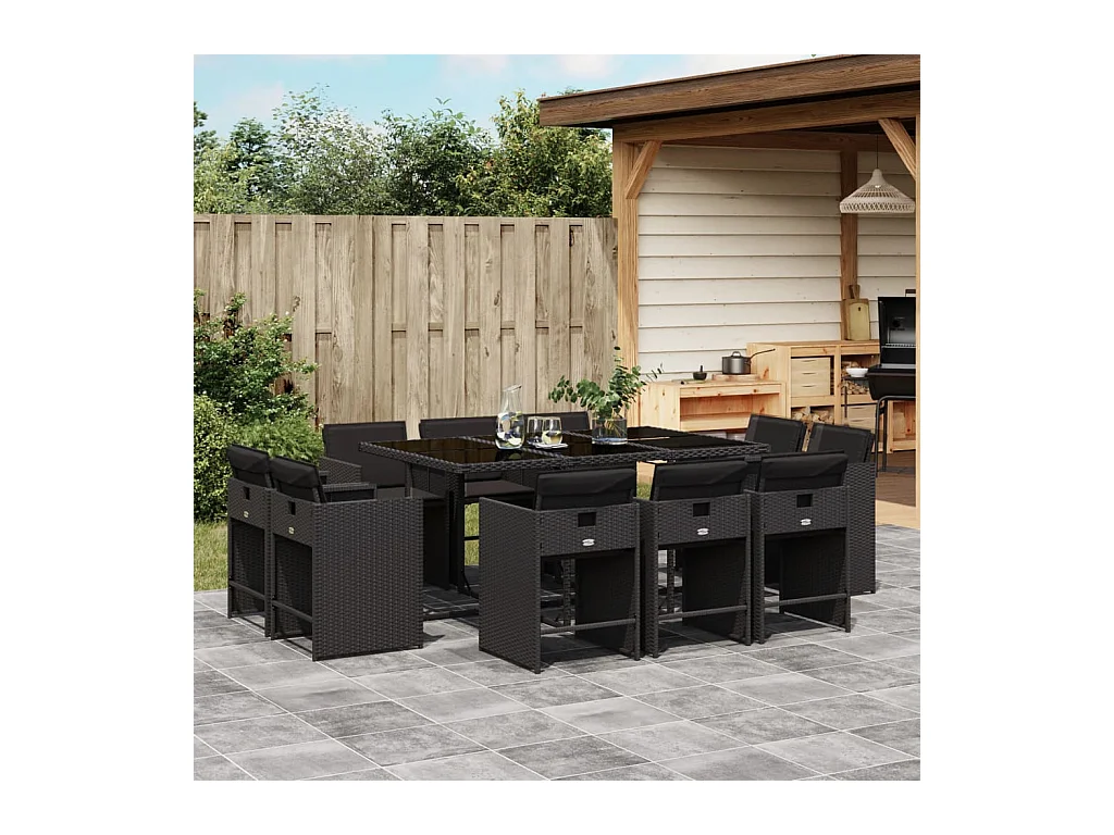 11 peças conjunto de jantar para jardim com almofadões vime PE preto
