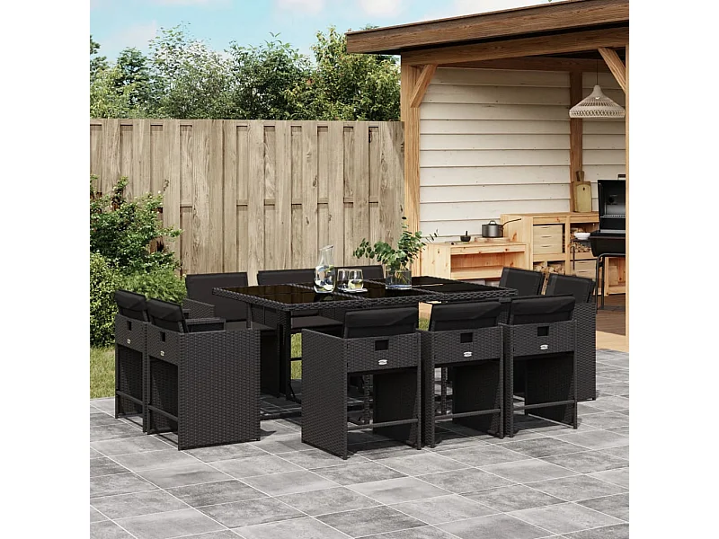 11-delige Tuinset met kussens poly rattan zwart