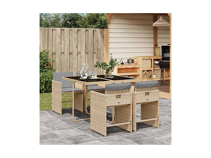 5 peças conj. jantar jardim com almofadões vime PE bege misturado