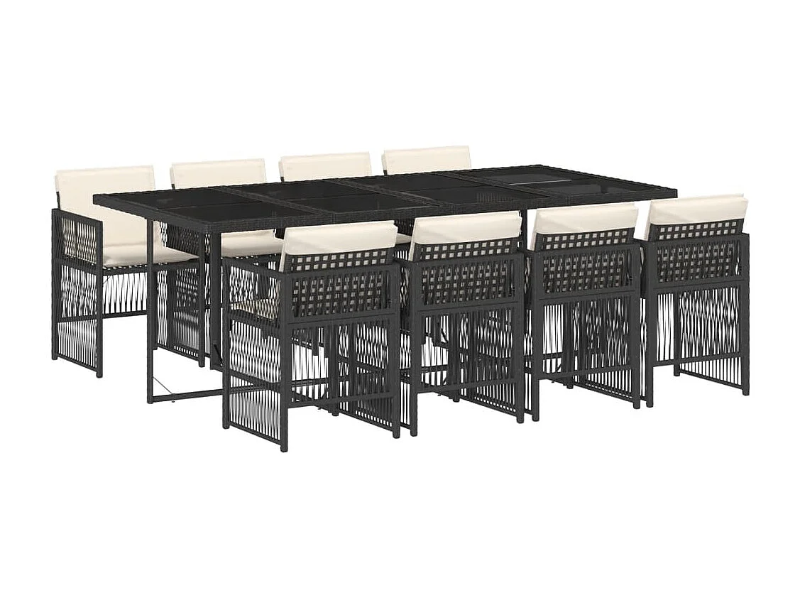 9 peças conjunto de jantar para jardim com almofadões vime PE preto