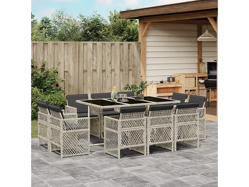 Set de comedor de jardín 11 piezas y cojines ratán sintético gris