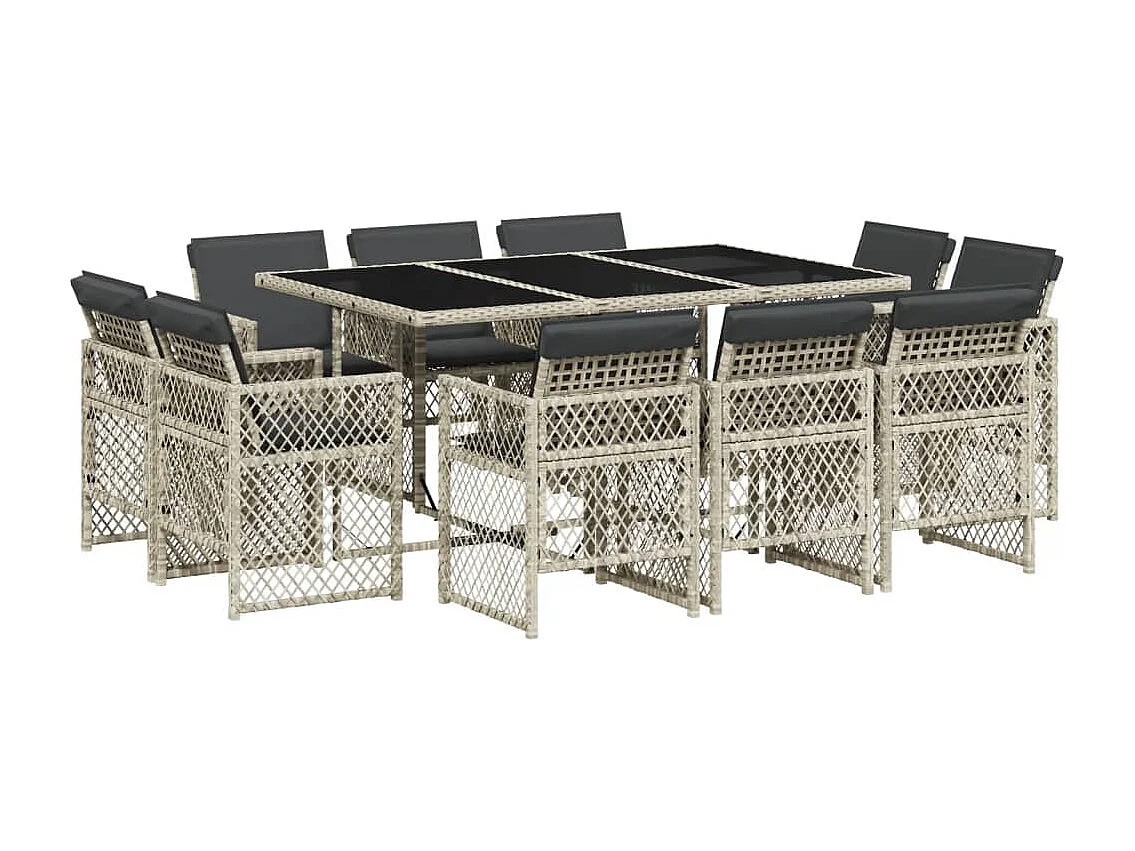Set de comedor de jardín 11 piezas y cojines ratán sintético gris
