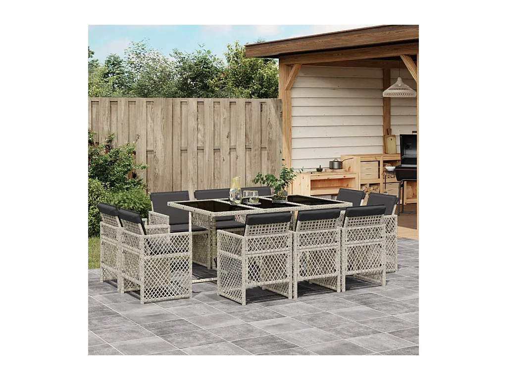 11-delige Tuinset met kussens poly rattan lichtgrijs