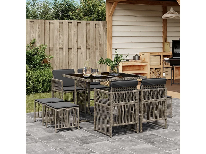 9 peças conjunto de jantar para jardim com almofadões vime PE cinza