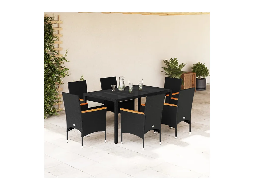 Ensemble à manger de jardin et coussins 7 pièces noir rotin acacia