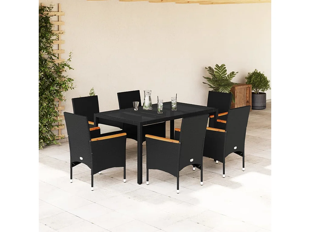 Set comedor jardín 7 piezas cojines ratán sintético vidrio negro