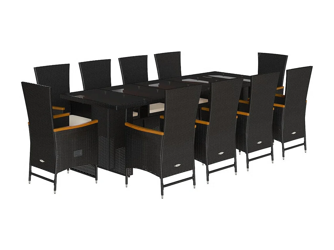 11 peças conjunto de jantar para jardim com almofadões vime PE preto