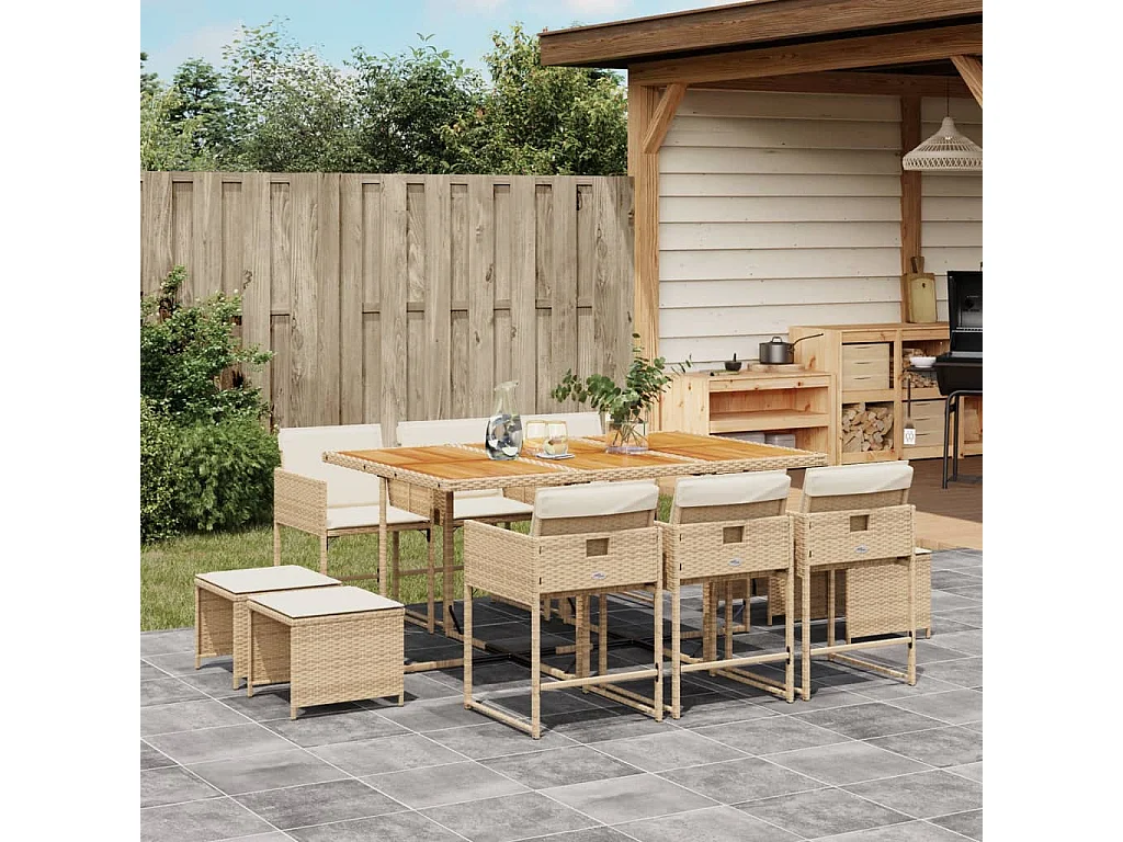 Set comedor de jardín 11 piezas con cojines ratán sintético beige
