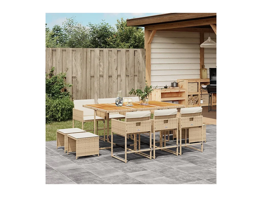 Ensemble à manger de jardin et coussins 11 pièces beige poly rotin
