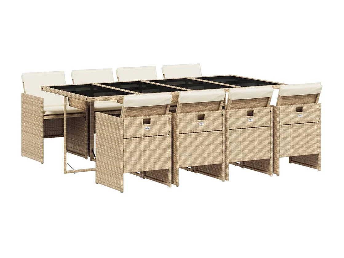 Ensemble à manger de jardin et coussins 9 pièces beige Poly rotin