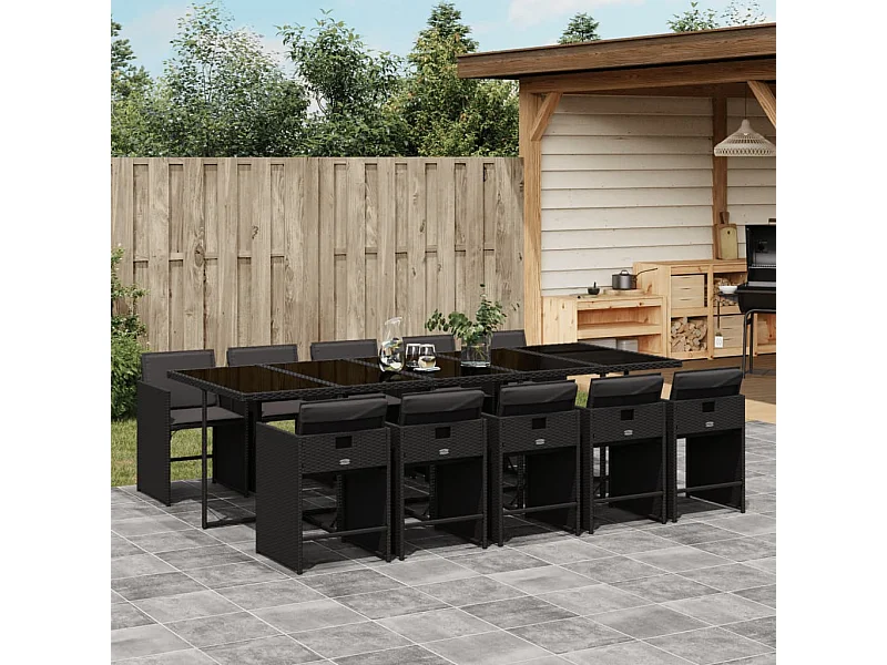 11-delige Tuinset met kussens poly rattan zwart