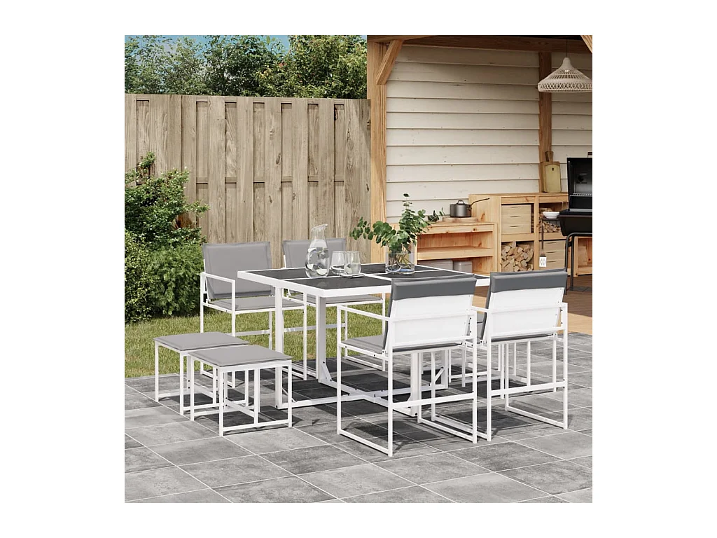 Ensemble à manger de jardin avec coussins 9 pièces blanc textilène
