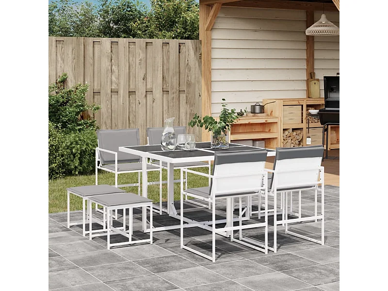 9 peças conj. de jantar para jardim com almofadões textilene branco