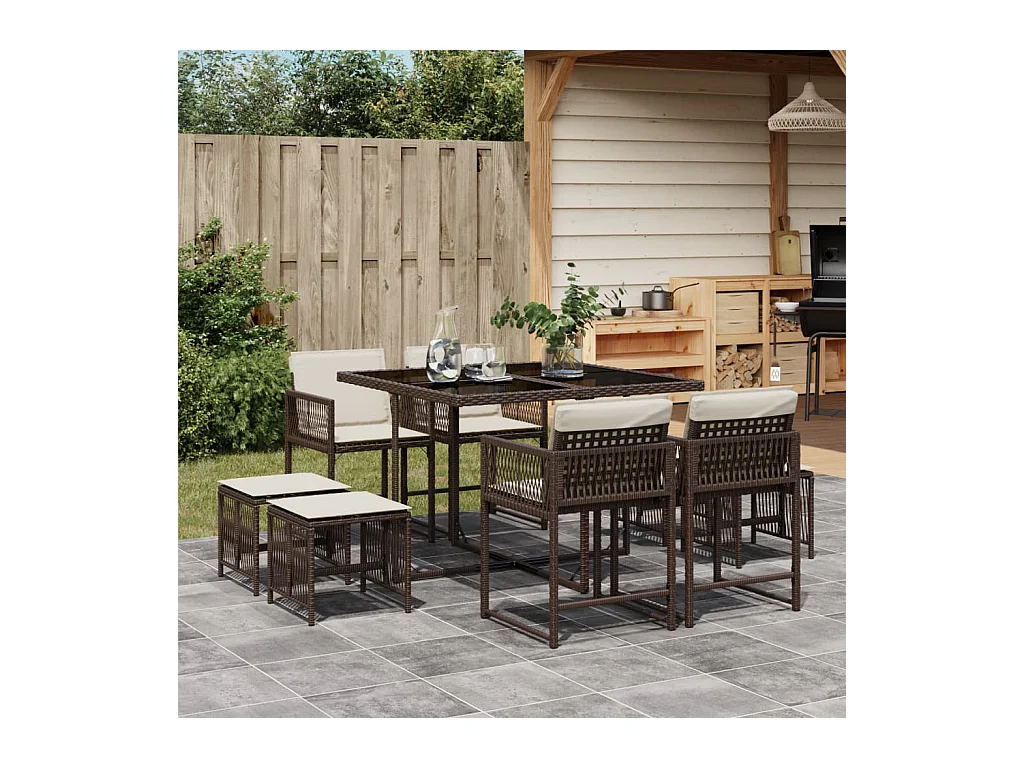 Ensemble à manger de jardin et coussins 9 pièces marron poly rotin