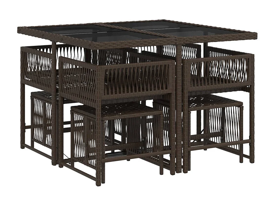 Ensemble à manger de jardin et coussins 9 pièces marron poly rotin