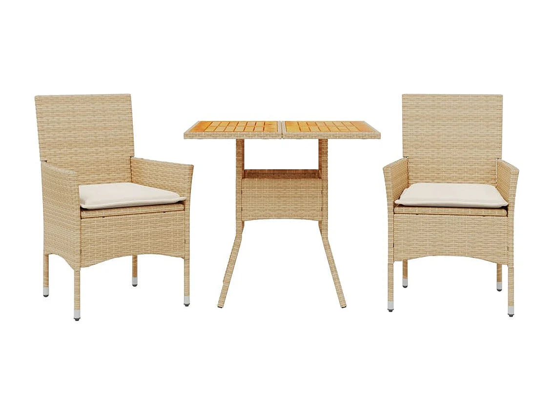Set de comedor jardín 3 piezas con cojines ratán PE acacia beige