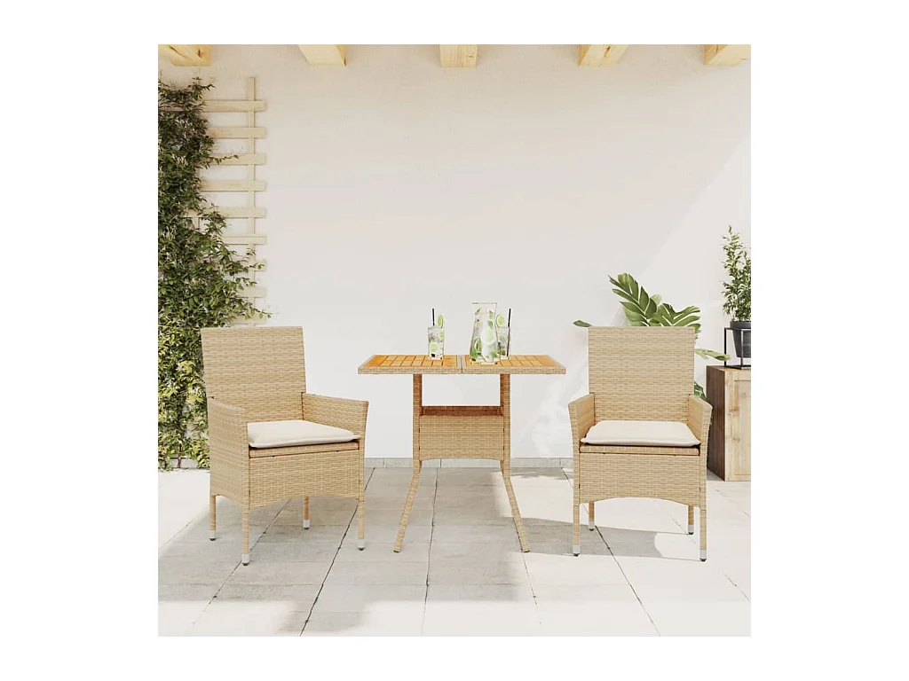 3-delige Tuinset met kussens poly rattan en acaciahout beige