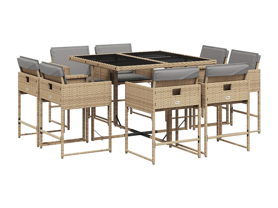 Set comedor de jardín 9 piezas con cojines ratán sintético beige