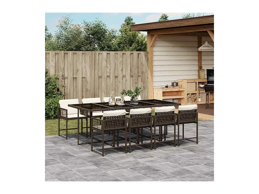 Ensemble à manger de jardin et coussins 9 pièces marron poly rotin