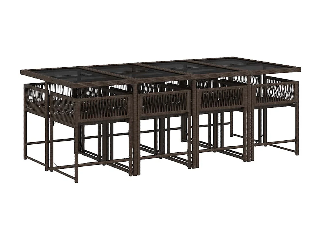 Ensemble à manger de jardin et coussins 9 pièces marron poly rotin