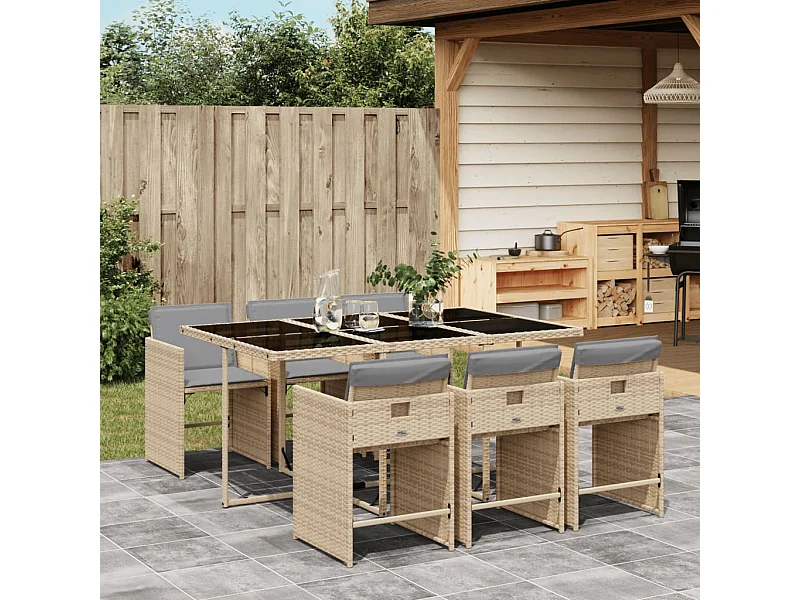 Ensemble à manger de jardin coussins 7 pièces mélange beige rotin