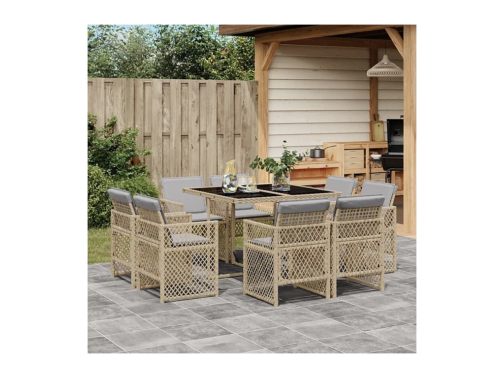 Set comedor de jardín 9 piezas con cojines ratán sintético beige