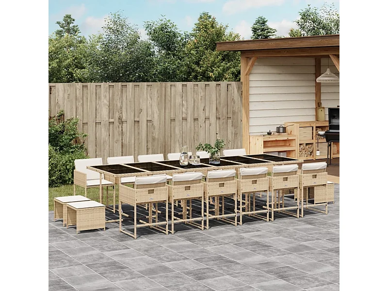 17 peças conjunto de jantar para jardim com almofadões vime PE bege