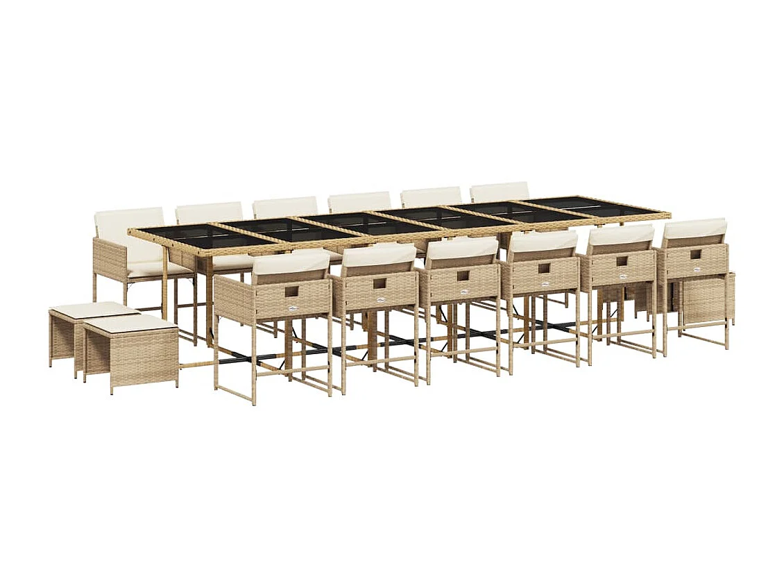 17 peças conjunto de jantar para jardim com almofadões vime PE bege