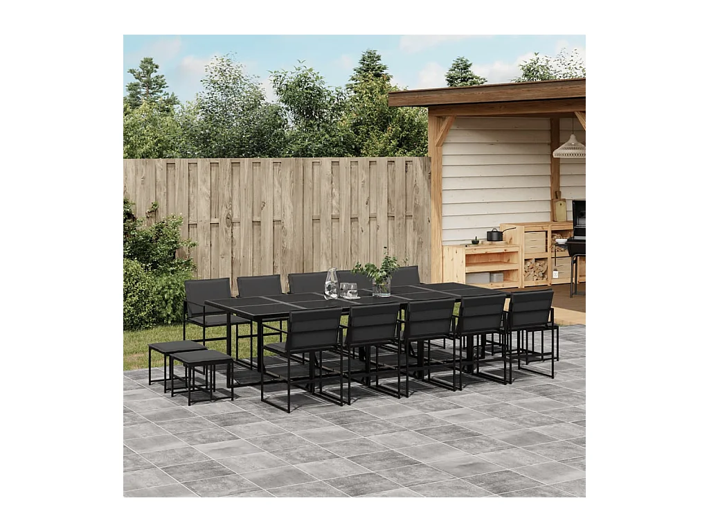 Ensemble à manger de jardin avec coussins 15 pièces noir textilène