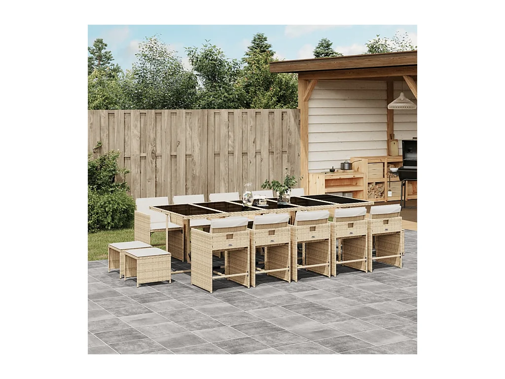 Ensemble à manger de jardin et coussins 15 pièces beige