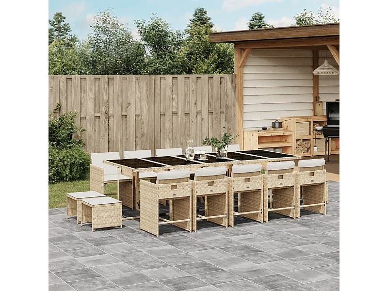 Ensemble à manger de jardin et coussins 15 pièces beige