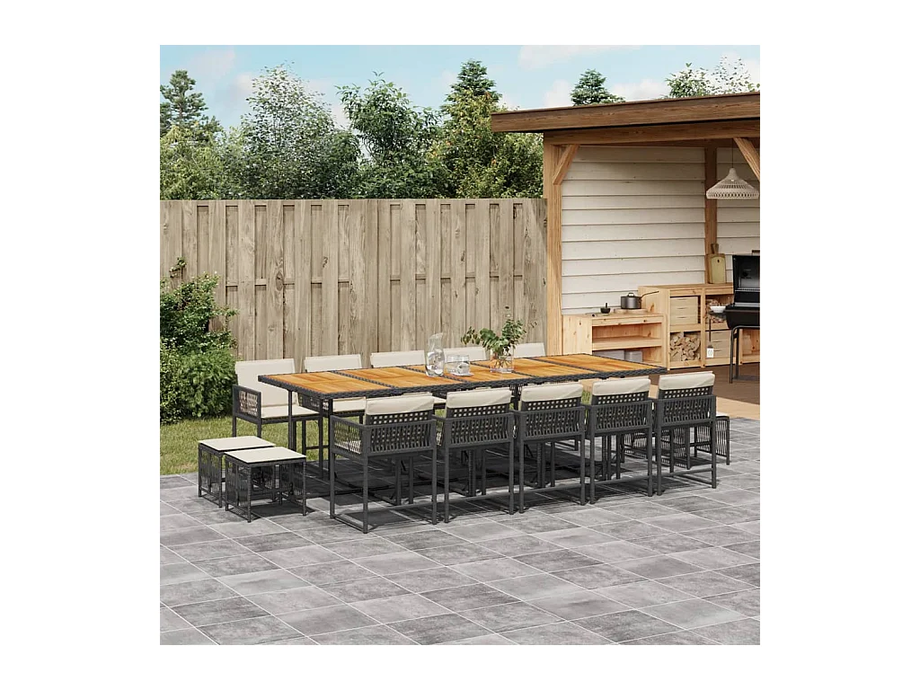 Set comedor de jardín con cojines 15 piezas ratán sintético negro